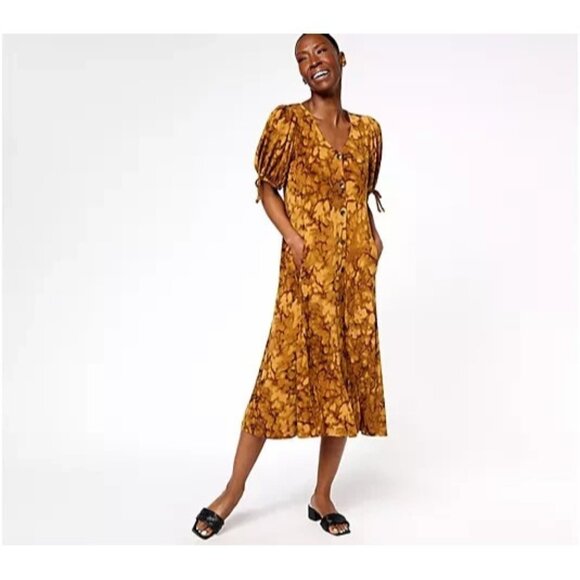 Susan Graver Regular Liquid Knit Elbow Sleeve Midi Dress Caramel S A607358 - Picture 1 of 2